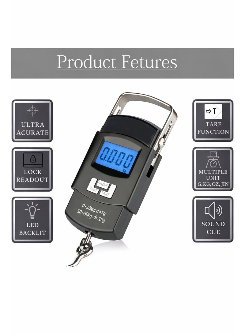 سكيل ميزان أمتعة رقمي محمول ٥٠ كجم (١١٠ رطل) | شاشة LCD بإضاءة خلفية | مقبض وخطاف من الفولاذ المقاوم للصدأ | وظيفة التصفير | مفتاح تبديل الوحدات (كجم، جم، رطل، أونصة) | ميزان وزن معلق لحقائب السفر (بطاريتان AAA مرفقتان) - Image 1